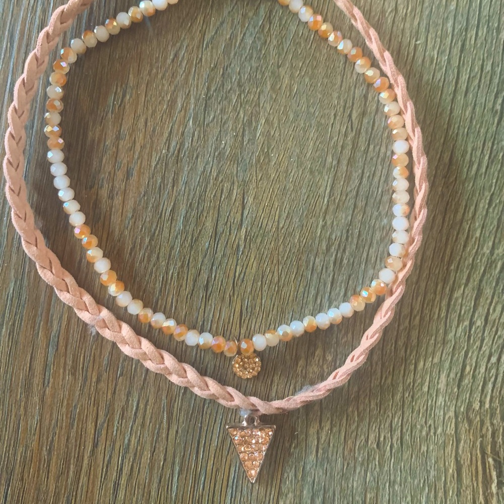 Set of 2 choker, dainty delicate blush leather and beads